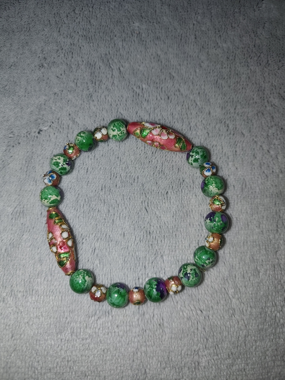 Green & Pink Beaded Stretch Bracelet - Handmade Jewelry